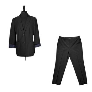 Talbots Women's Pant Suit Black Wool Stretch Straight Leg Lined Blazer 2 PC 14
